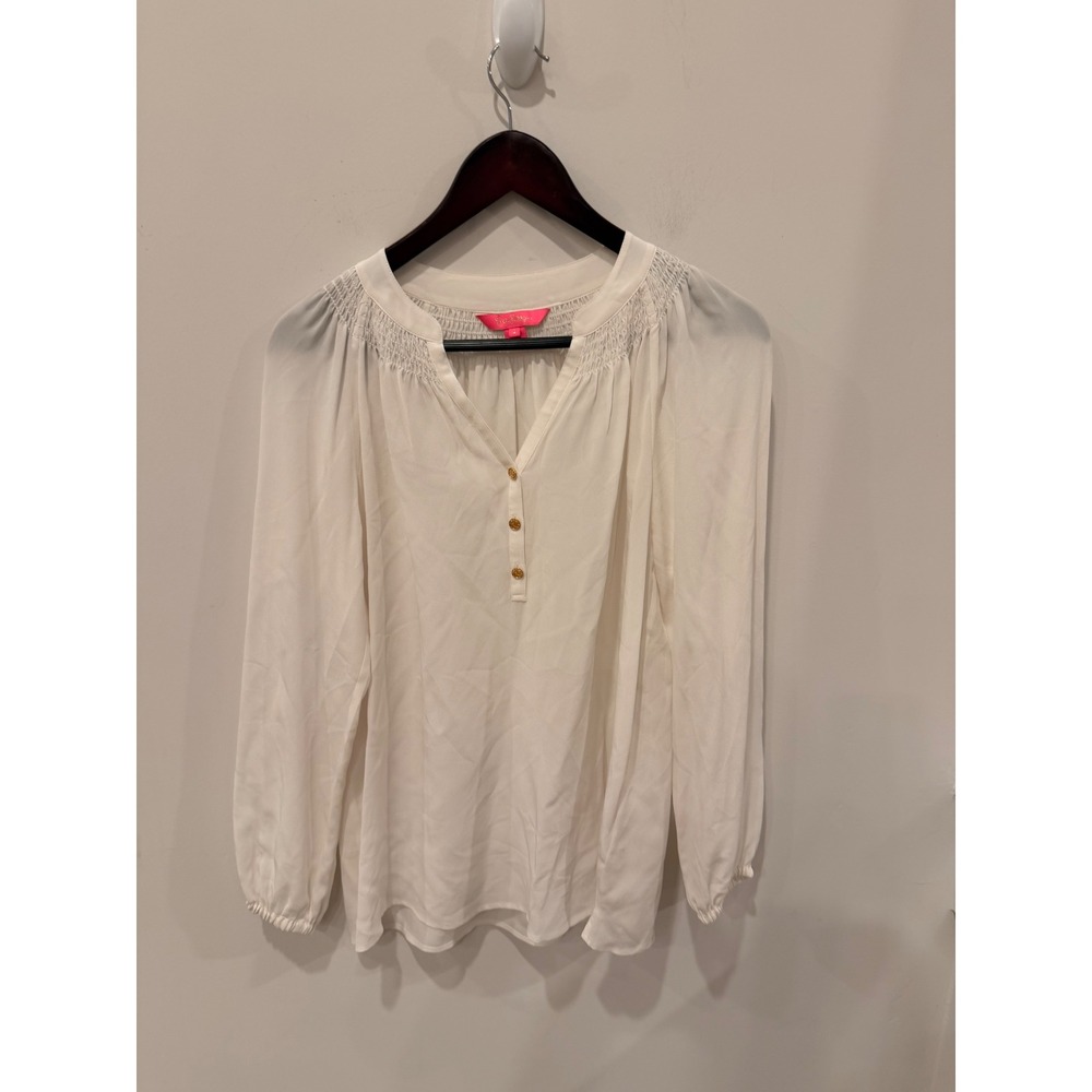 Lilly Pulitzer Elsa Top White 100% Silk Smocked Blouse Small Gold Buttons